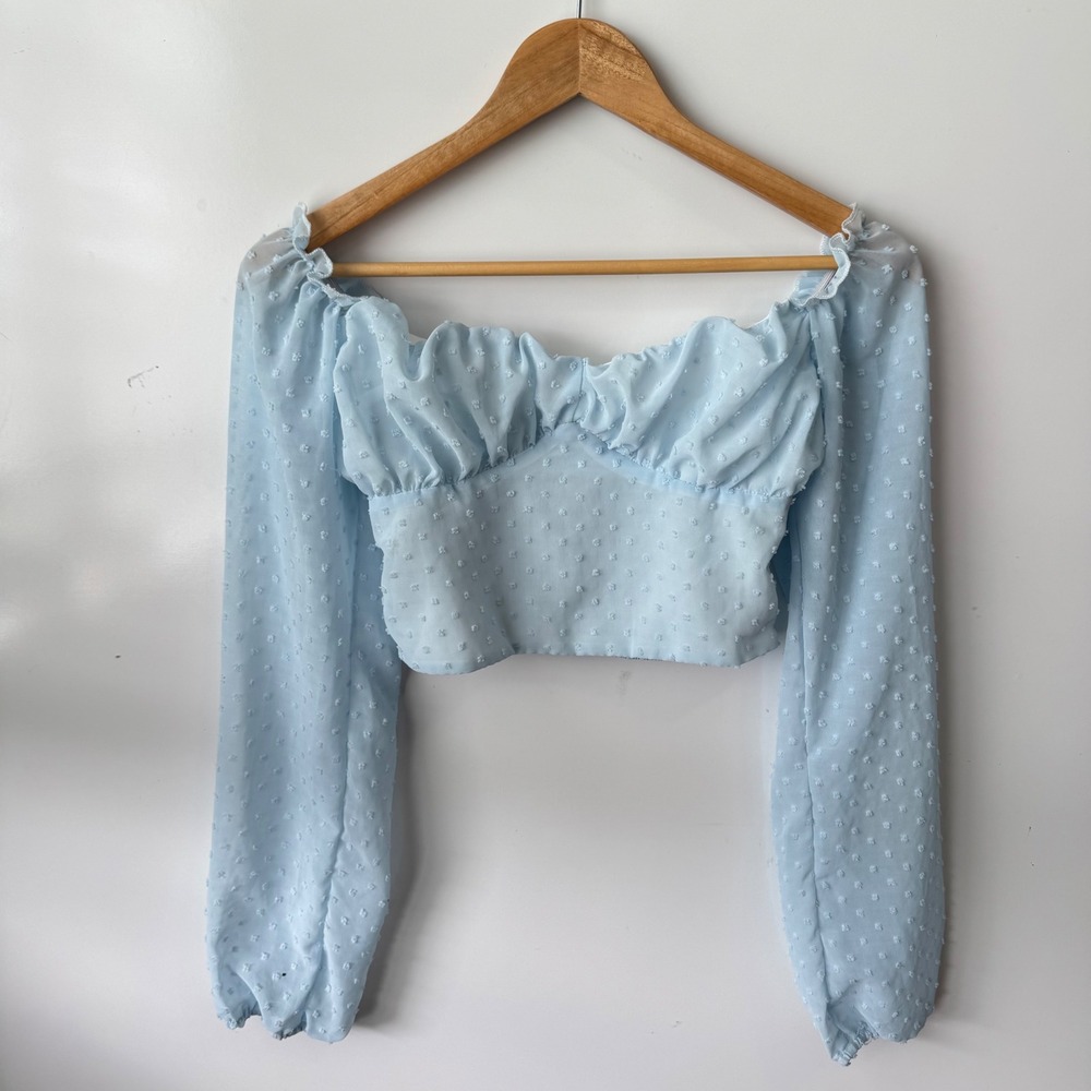 Shein Swiss Dot‎ Crop Top Ruched Sweetheart Neck Long Sleeve Blue S - Picture 7 of 7